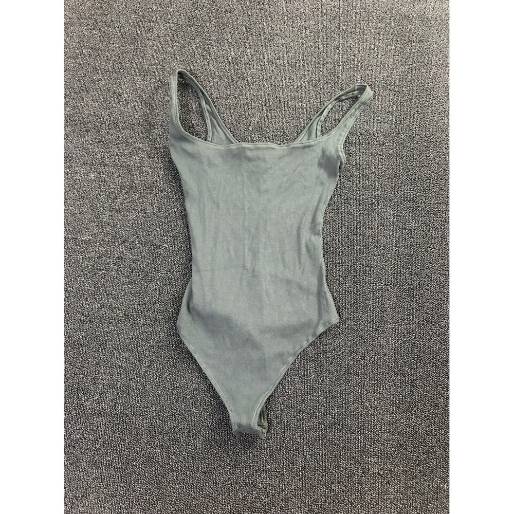 Skims Cotton Rib Bodysuit Dark Green Scoop Neck Sleeveless Ribbed Size M
